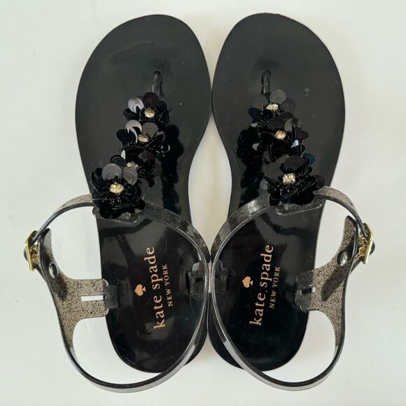 Kate Spade Farrah Black Glitter Jelly Sandals Rhinestones Floral Sz 6 Rubber - Picture 4 of 15